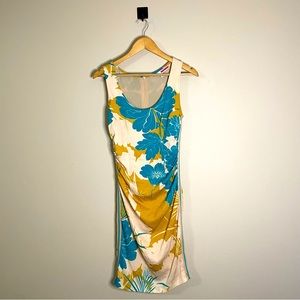 Tracy Reece Silk Sleeveless Floral Dress Blue Bronze Beige Retro